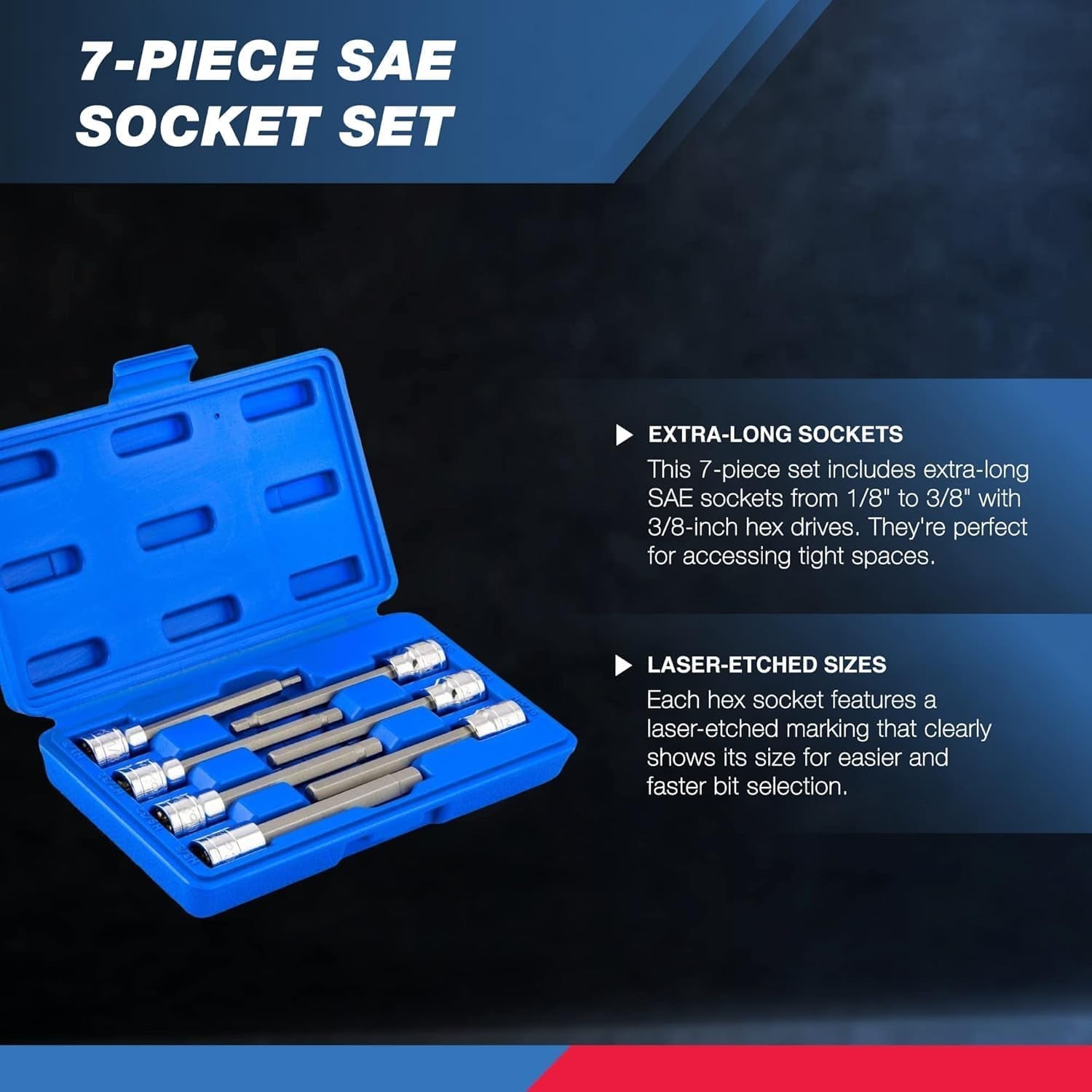 10072A 7-Piece Extra Long Allen Hex Bit Socket Set | 3/8-Inch Drive, SAE, Durable S2 & Cr-V Steel, 1/8-Inch to 3/8-Inch