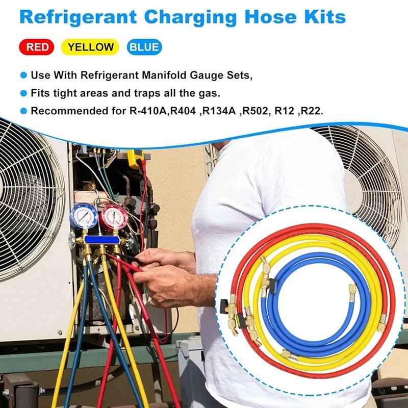 1.6M Refrigerant A/C Charging Hoses With Ball Valves HVAC 1/4In SAE Fit For R134A R12 Coolant Adding And Air Condition
