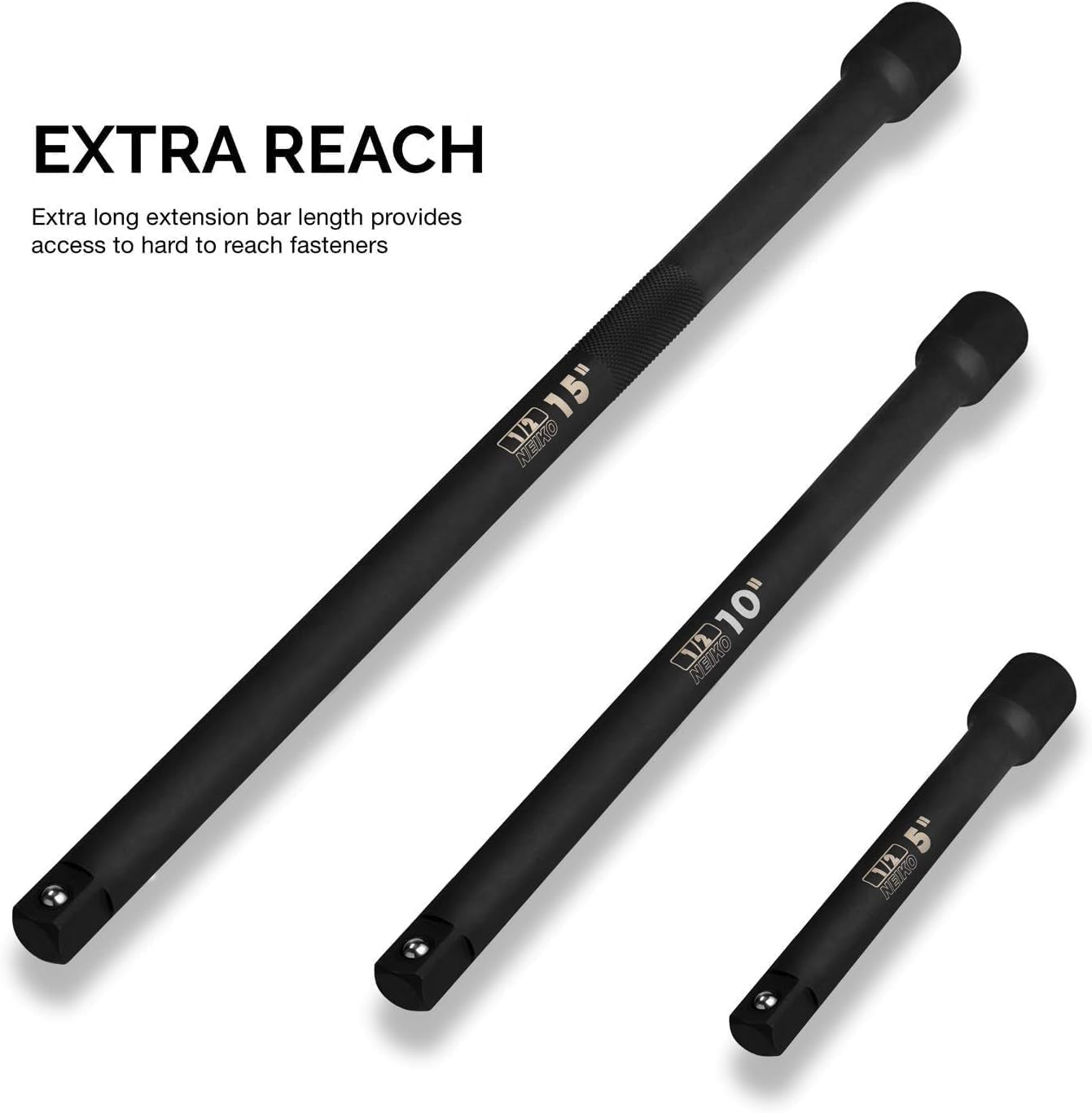 00256A 5-Piece Impact Extension Bar and Adapter Set - 1/2-Inch Drive with 5, 10, 15-Inch Extensions, Universal Joint, and Reducer