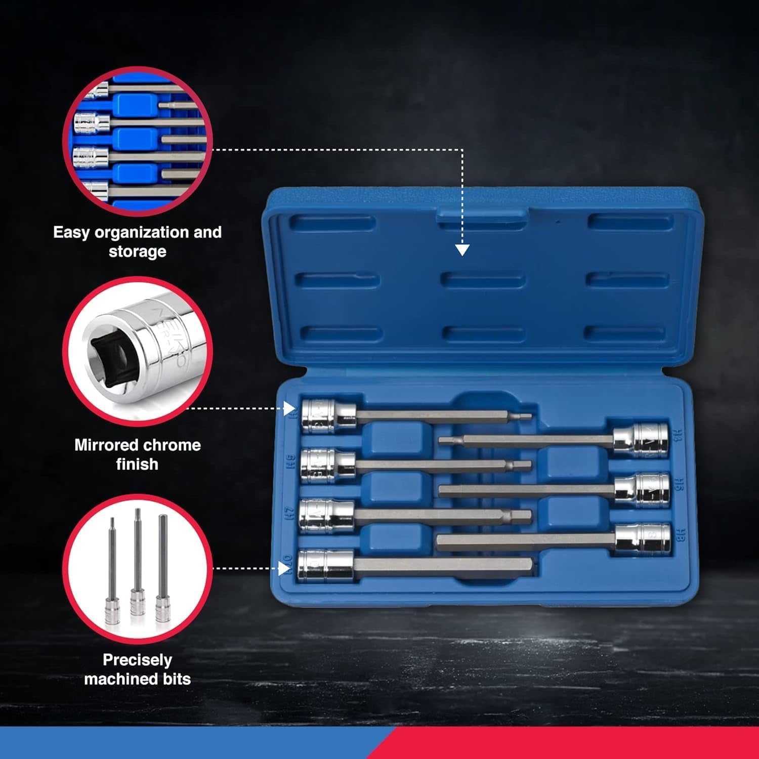 10072A 7-Piece Extra Long Allen Hex Bit Socket Set | 3/8-Inch Drive, SAE, Durable S2 & Cr-V Steel, 1/8-Inch to 3/8-Inch