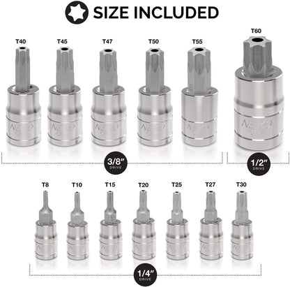 10073A 13-Piece Tamper Proof Torx Bit Socket Set - Durable S2 Steel Bits & Cr-V Steel Sockets (TT8 – TT60)