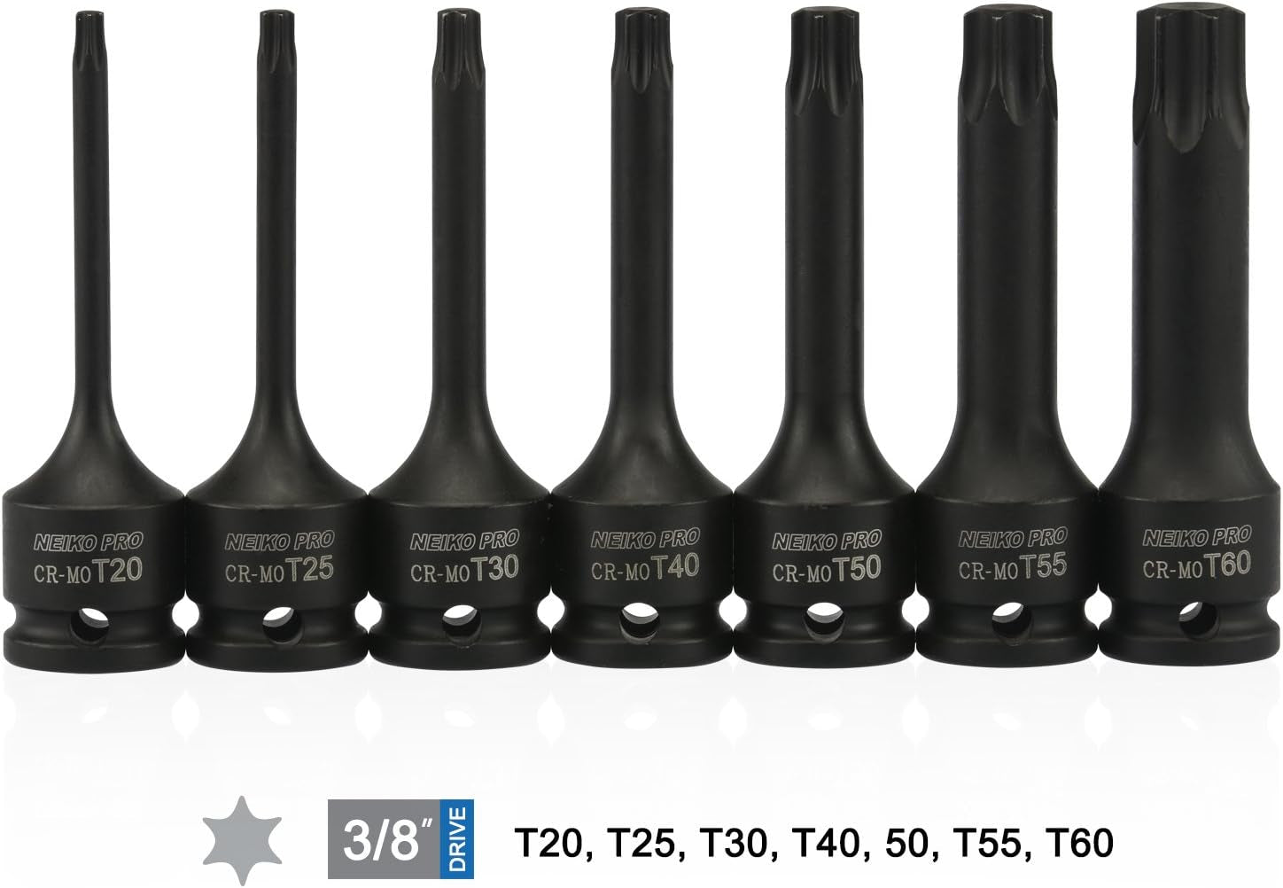 01132B 7-Piece Torx Star Driver Bit Socket Set | 3/8” Drive T20 to T60 | Durable Cr-Mo Impact Grade | 3” Length