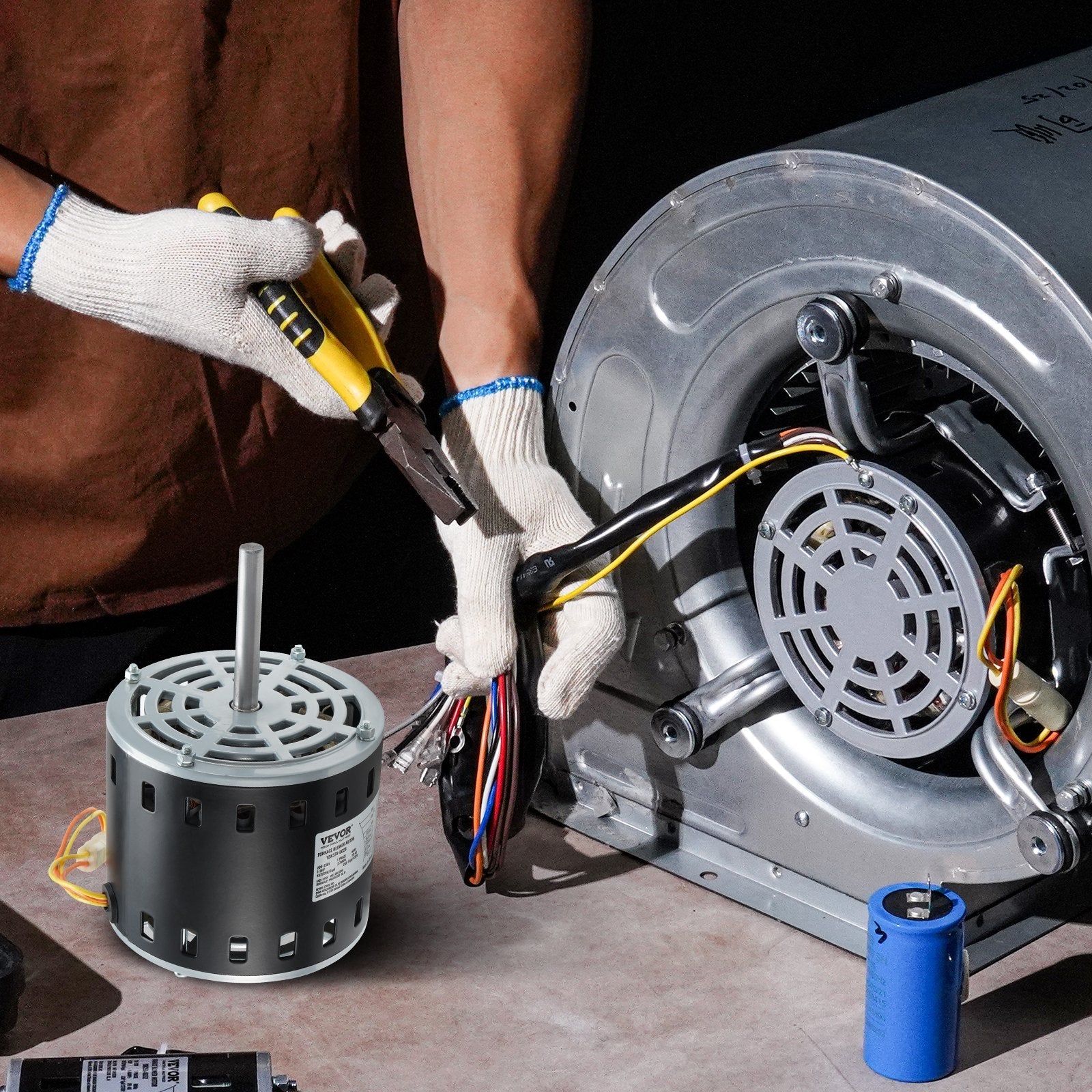 1/2HP Furnace Blower Motor, 208/230V 2.7Amps, 1075RPM 5 Speeds, CW/CCW Rotation, 48 Frame 3.4' Shaft Length, 7.5μF/450V Capacitor + 11' Hold Hoop