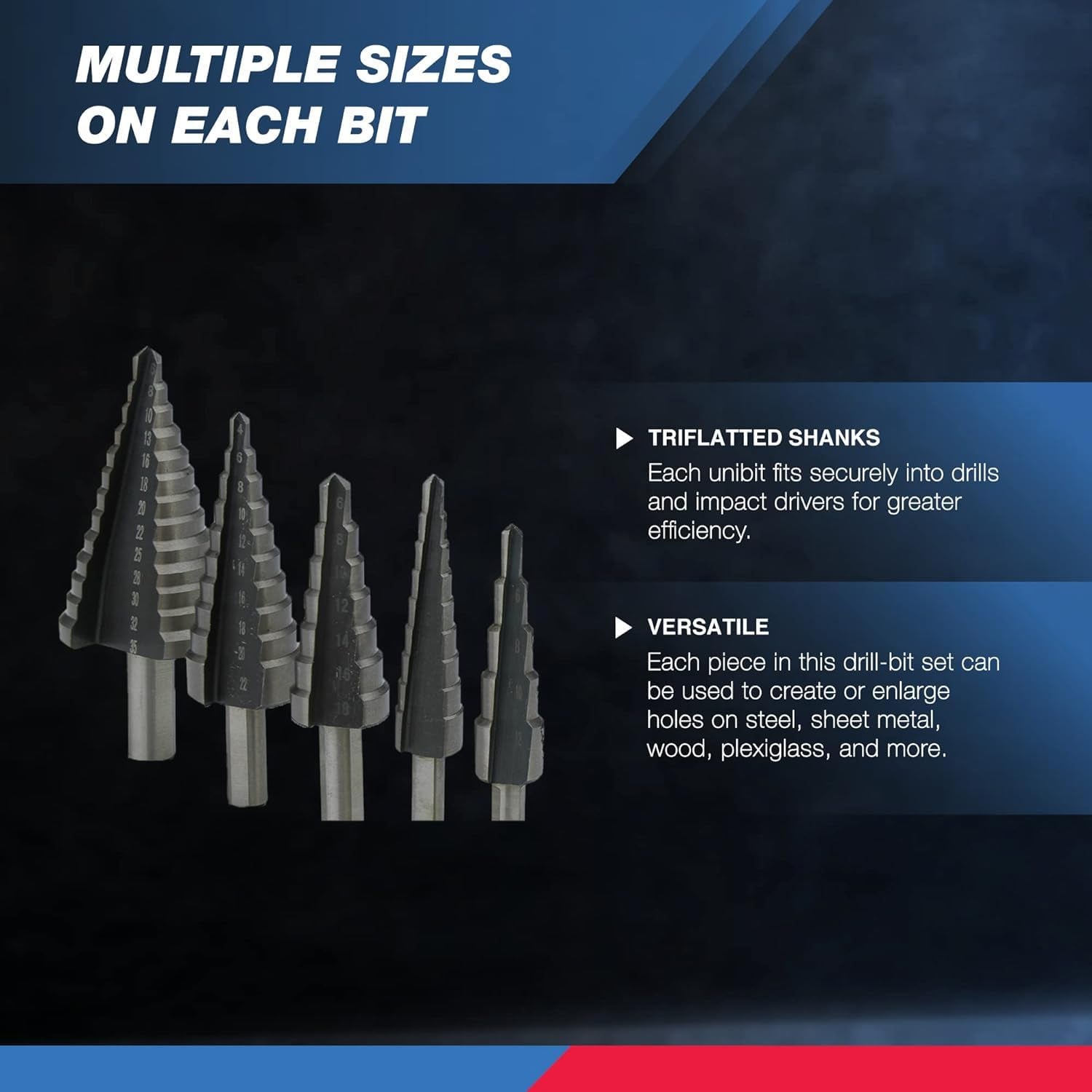 10198A 5-Piece Step Drill Bit Set - Metric Titanium High Speed Steel, 4mm to 35mm, Two Flute Design, 135° Point for Precision Drilling