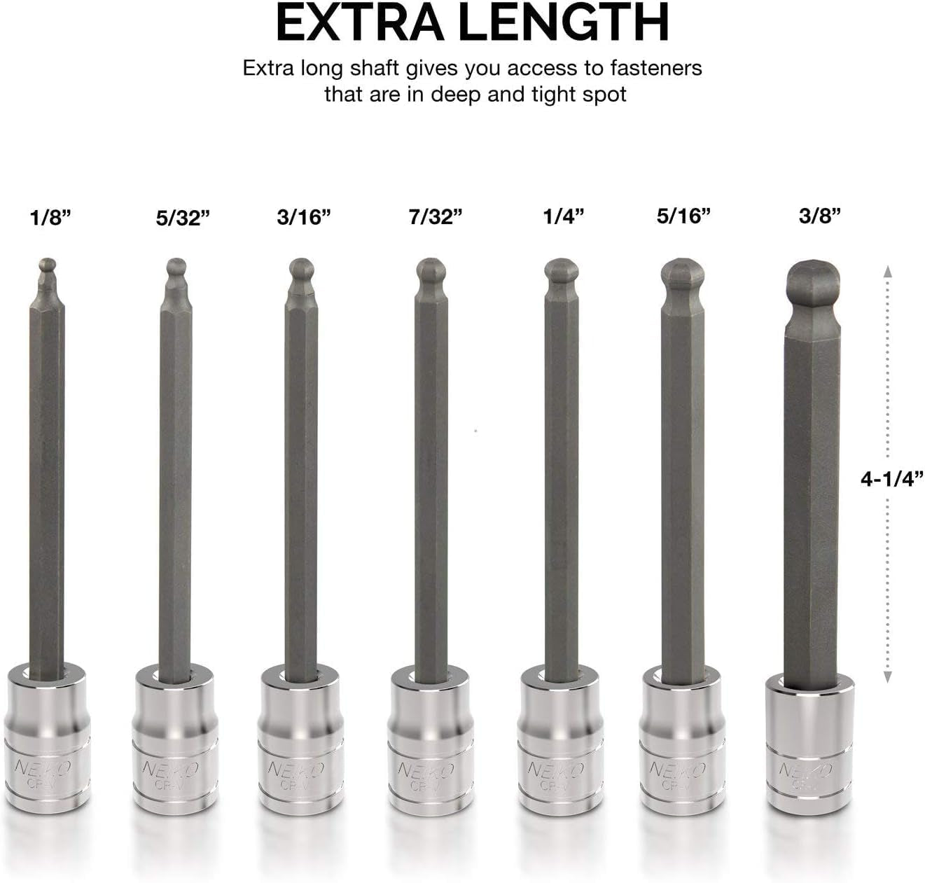 10072A 7-Piece Extra Long Allen Hex Bit Socket Set | 3/8-Inch Drive, SAE, Durable S2 & Cr-V Steel, 1/8-Inch to 3/8-Inch