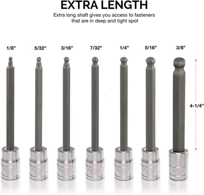 10072A 7-Piece Extra Long Allen Hex Bit Socket Set | 3/8-Inch Drive, SAE, Durable S2 & Cr-V Steel, 1/8-Inch to 3/8-Inch
