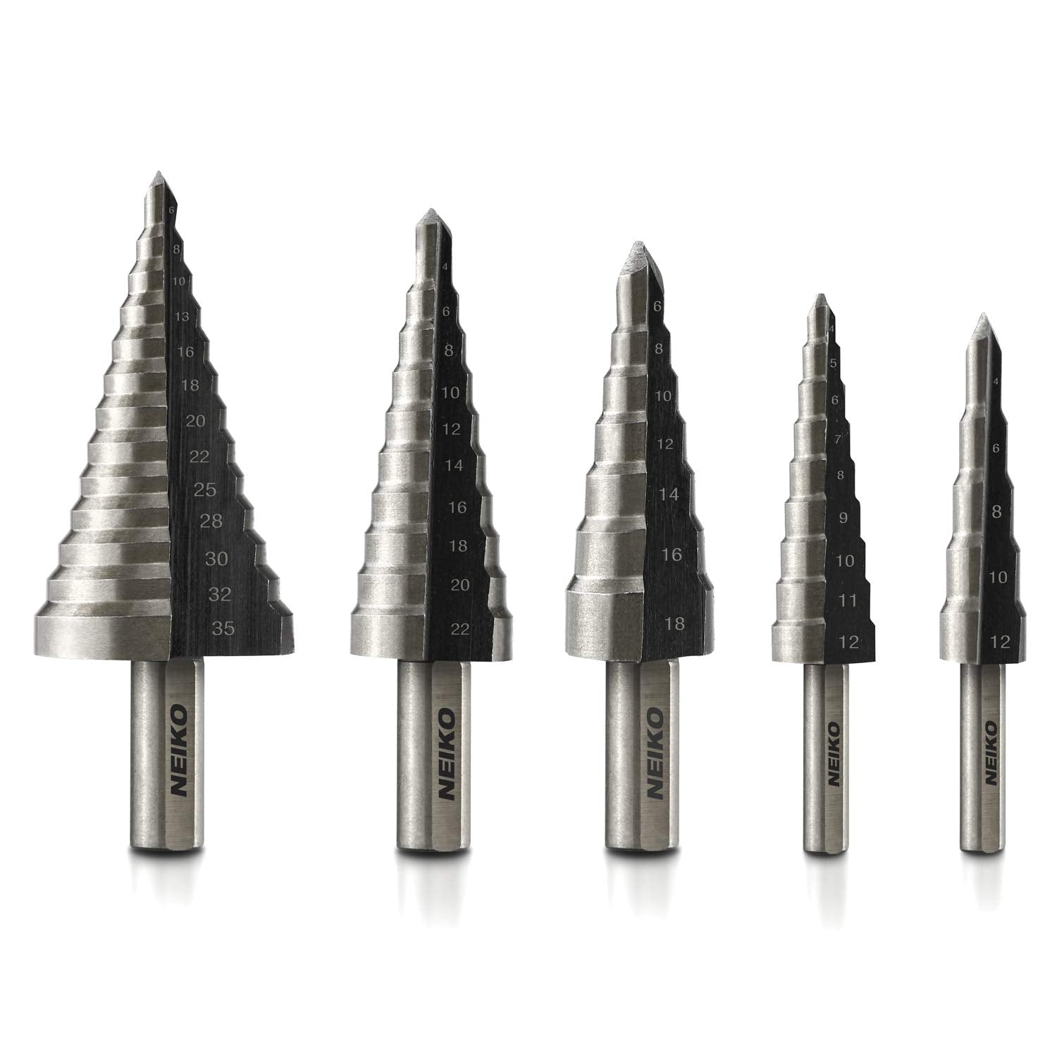 10198A 5-Piece Step Drill Bit Set - Metric Titanium High Speed Steel, 4mm to 35mm, Two Flute Design, 135° Point for Precision Drilling
