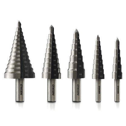 10198A 5-Piece Step Drill Bit Set - Metric Titanium High Speed Steel, 4mm to 35mm, Two Flute Design, 135° Point for Precision Drilling
