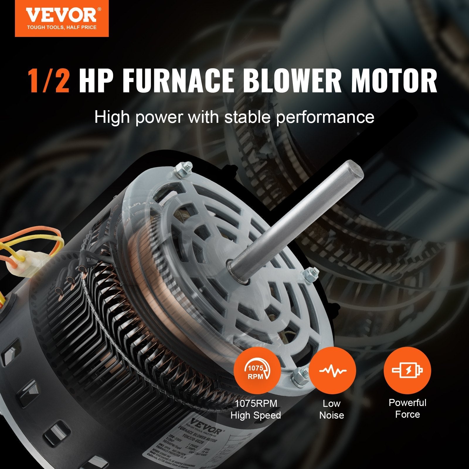 1/2HP Furnace Blower Motor, 208/230V 2.7Amps, 1075RPM 5 Speeds, CW/CCW Rotation, 48 Frame 3.4' Shaft Length, 7.5μF/450V Capacitor + 11' Hold Hoop