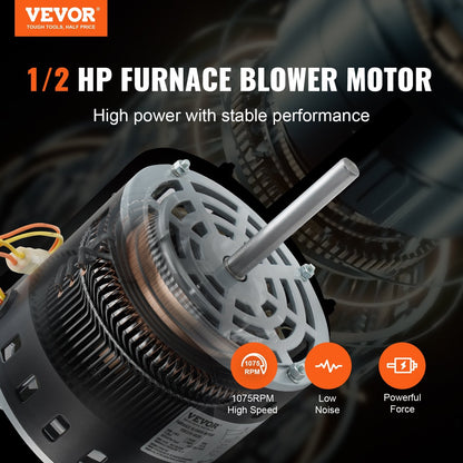 1/2HP Furnace Blower Motor, 208/230V 2.7Amps, 1075RPM 5 Speeds, CW/CCW Rotation, 48 Frame 3.4' Shaft Length, 7.5μF/450V Capacitor + 11' Hold Hoop