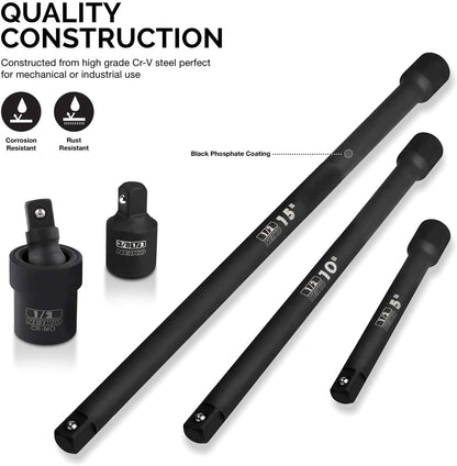 00256A 5-Piece Impact Extension Bar and Adapter Set - 1/2-Inch Drive with 5, 10, 15-Inch Extensions, Universal Joint, and Reducer