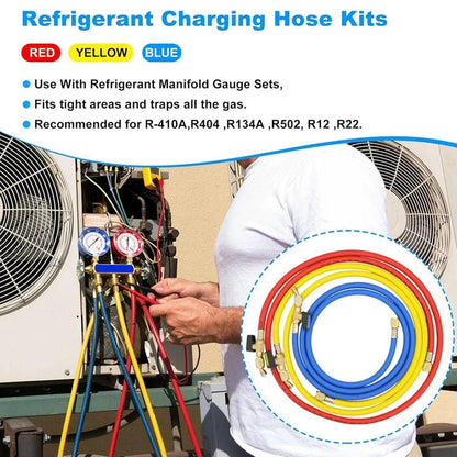 1.6M Refrigerant A/C Charging Hoses With Ball Valves HVAC 1/4In SAE Fit For R134A R12 Coolant Adding And Air Condition