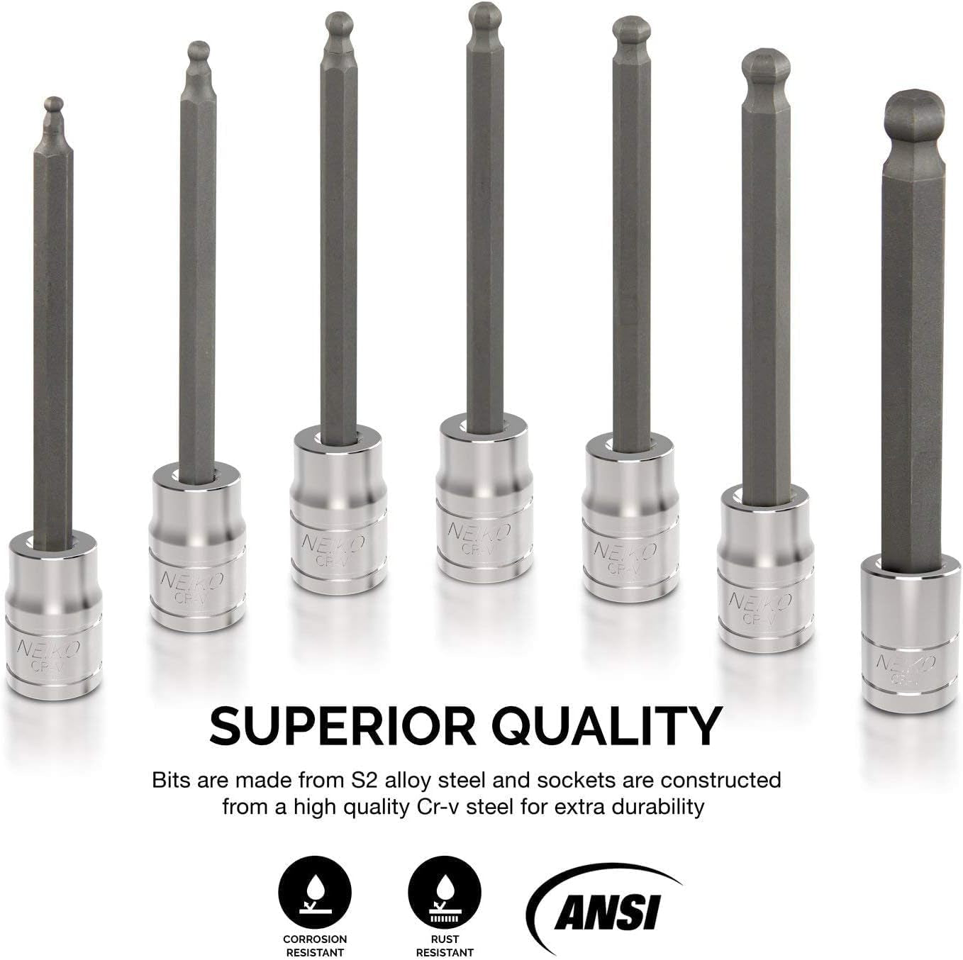 10072A 7-Piece Extra Long Allen Hex Bit Socket Set | 3/8-Inch Drive, SAE, Durable S2 & Cr-V Steel, 1/8-Inch to 3/8-Inch