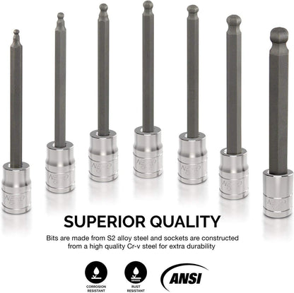 10072A 7-Piece Extra Long Allen Hex Bit Socket Set | 3/8-Inch Drive, SAE, Durable S2 & Cr-V Steel, 1/8-Inch to 3/8-Inch
