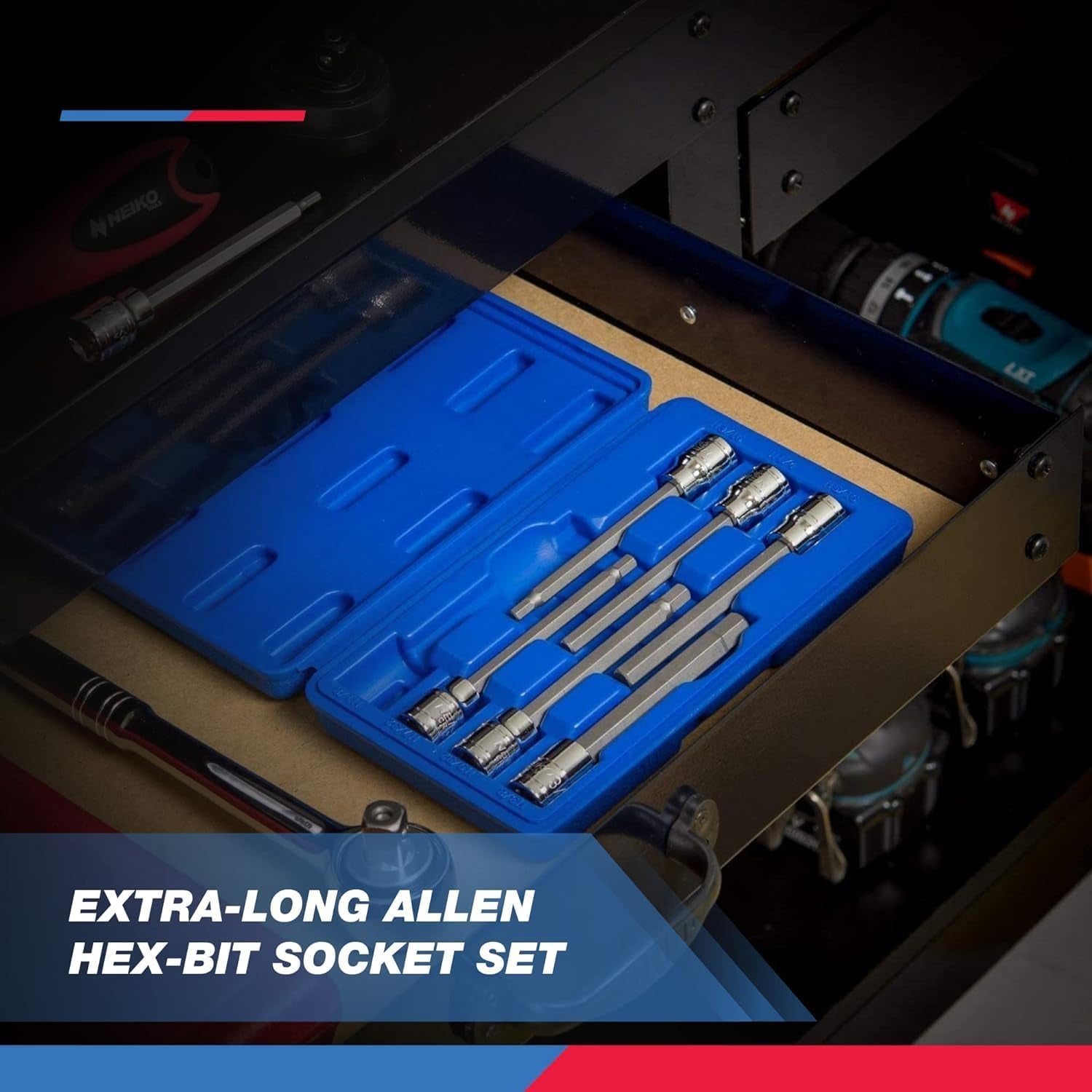 10072A 7-Piece Extra Long Allen Hex Bit Socket Set | 3/8-Inch Drive, SAE, Durable S2 & Cr-V Steel, 1/8-Inch to 3/8-Inch