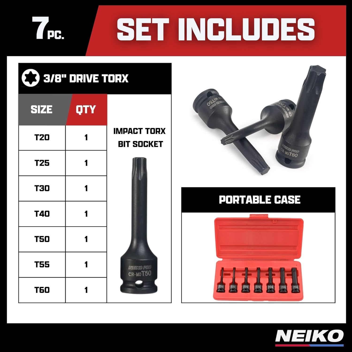01132B 7-Piece Torx Star Driver Bit Socket Set | 3/8” Drive T20 to T60 | Durable Cr-Mo Impact Grade | 3” Length
