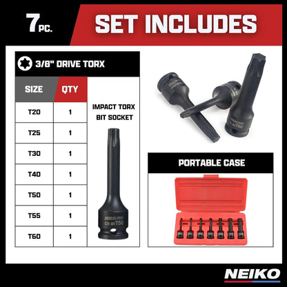 01132B 7-Piece Torx Star Driver Bit Socket Set | 3/8” Drive T20 to T60 | Durable Cr-Mo Impact Grade | 3” Length