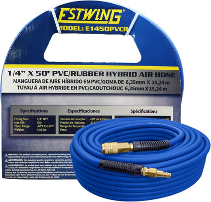 1/4" x 50' PVC/Rubber Hybrid Air Hose with Brass Fitting & Quick Connect Coupler - Durable & Flexible Performance!