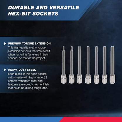 10072A 7-Piece Extra Long Allen Hex Bit Socket Set | 3/8-Inch Drive, SAE, Durable S2 & Cr-V Steel, 1/8-Inch to 3/8-Inch
