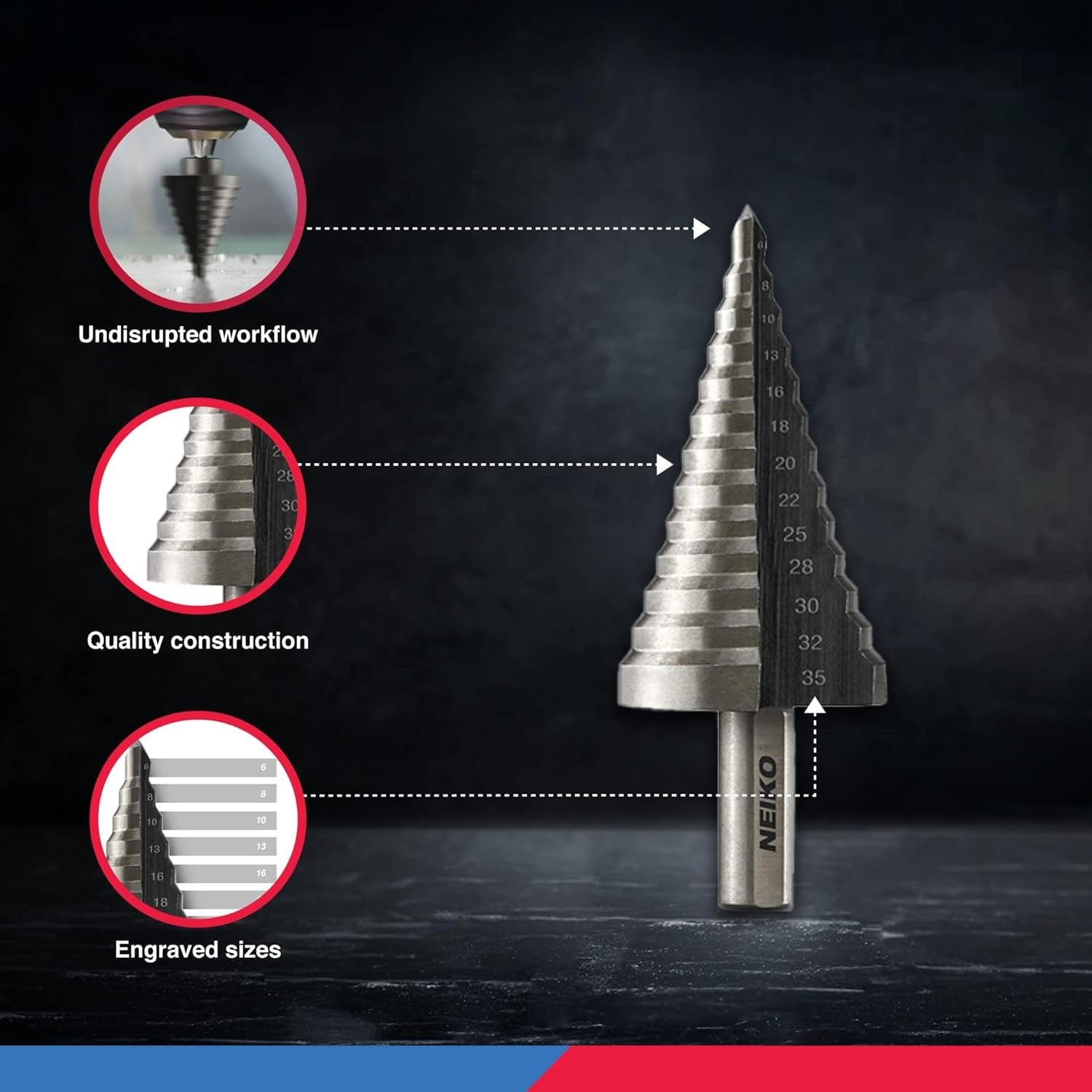 10198A 5-Piece Step Drill Bit Set - Metric Titanium High Speed Steel, 4mm to 35mm, Two Flute Design, 135° Point for Precision Drilling